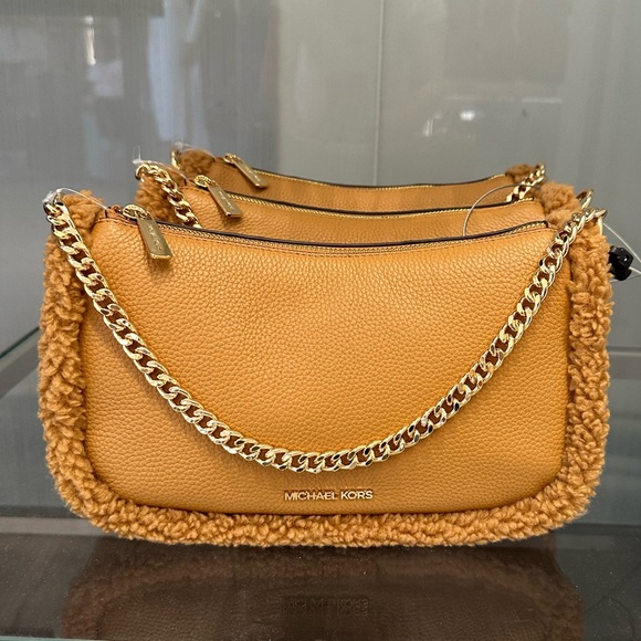 Michael Michael Kors Carmela Medium Leather Pouchette Chain Crossbody Shearling